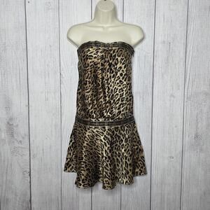 Vintage Y2K Silk Strapless Drop Waist Leopard Print Dress w Ribbon Trim, sz XS